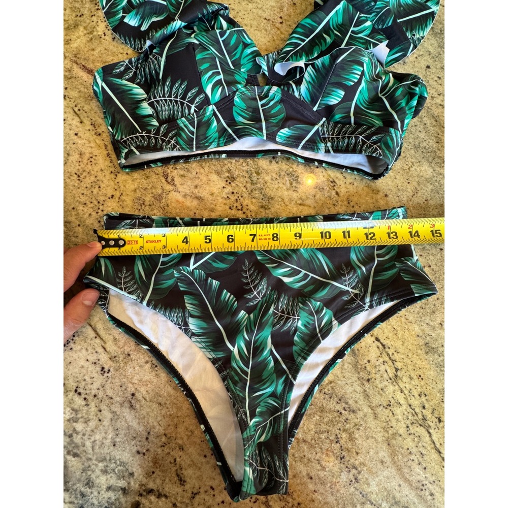 Tropical Green Leaf Ruffle High Waisted Bikini Set Two Piece Swimsuit Small - Picture 3 of 13
